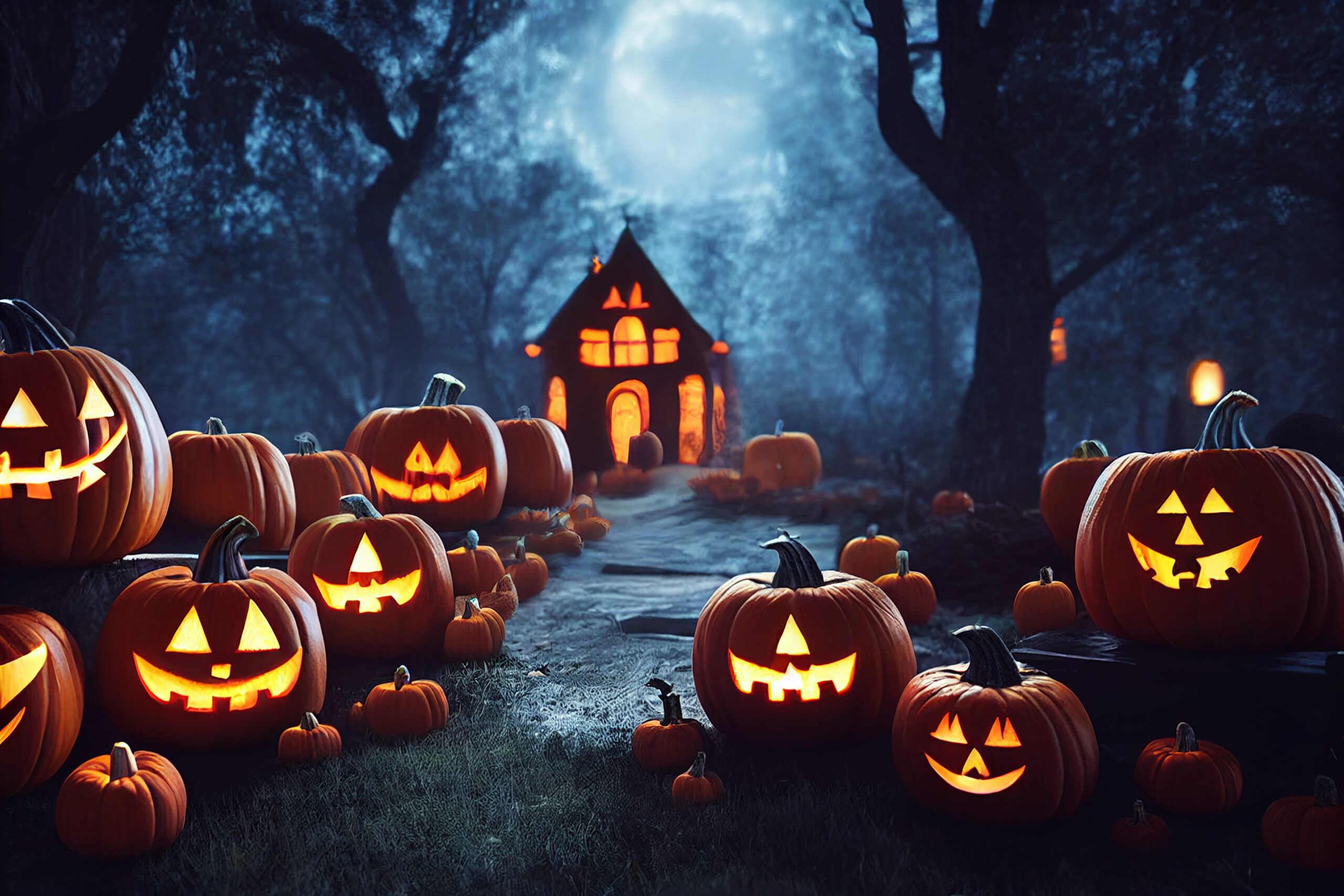 haunted house and carved pumpkins